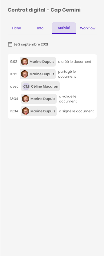 Fil d'activité du contrat dans une contrathèque