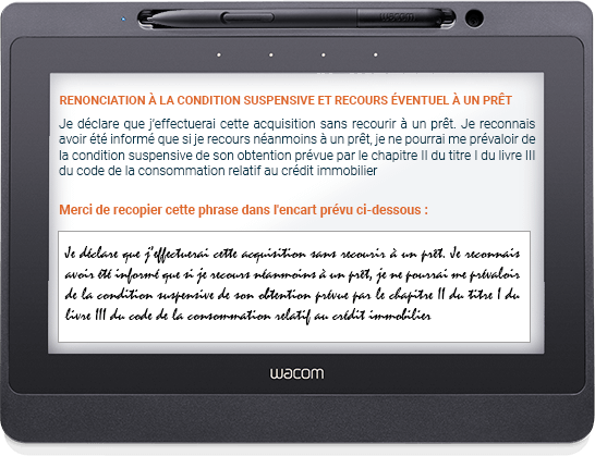 Mentions manuscrites electroniques de la clause de renonciation à la condition suspensive de pret